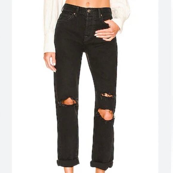 Free People Bren High Rise Cuffed Distressed Boyfriend Jeans 27 HAND PAINTED - Picture 4 of 16